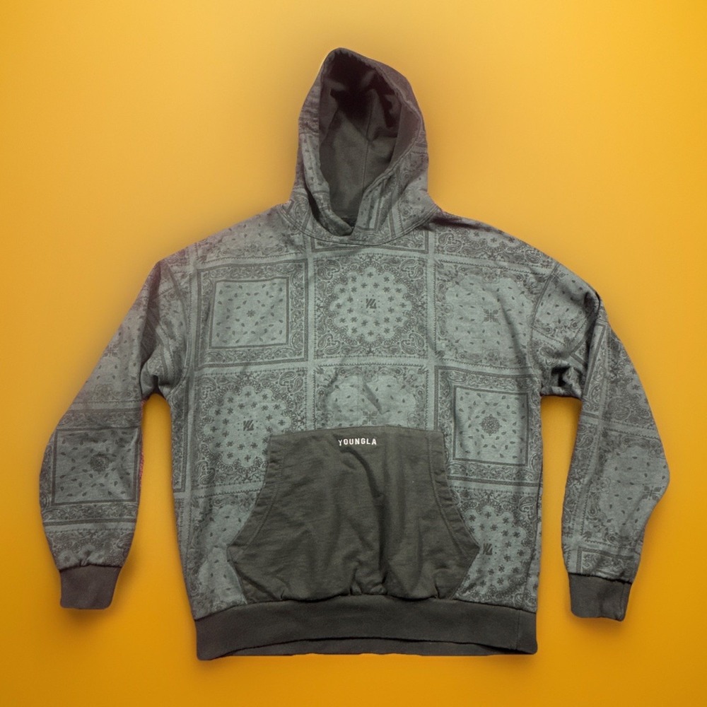 YoungLA Hoodie Mens Large Gray/black Paisley Pullover Kangaroo Pocket